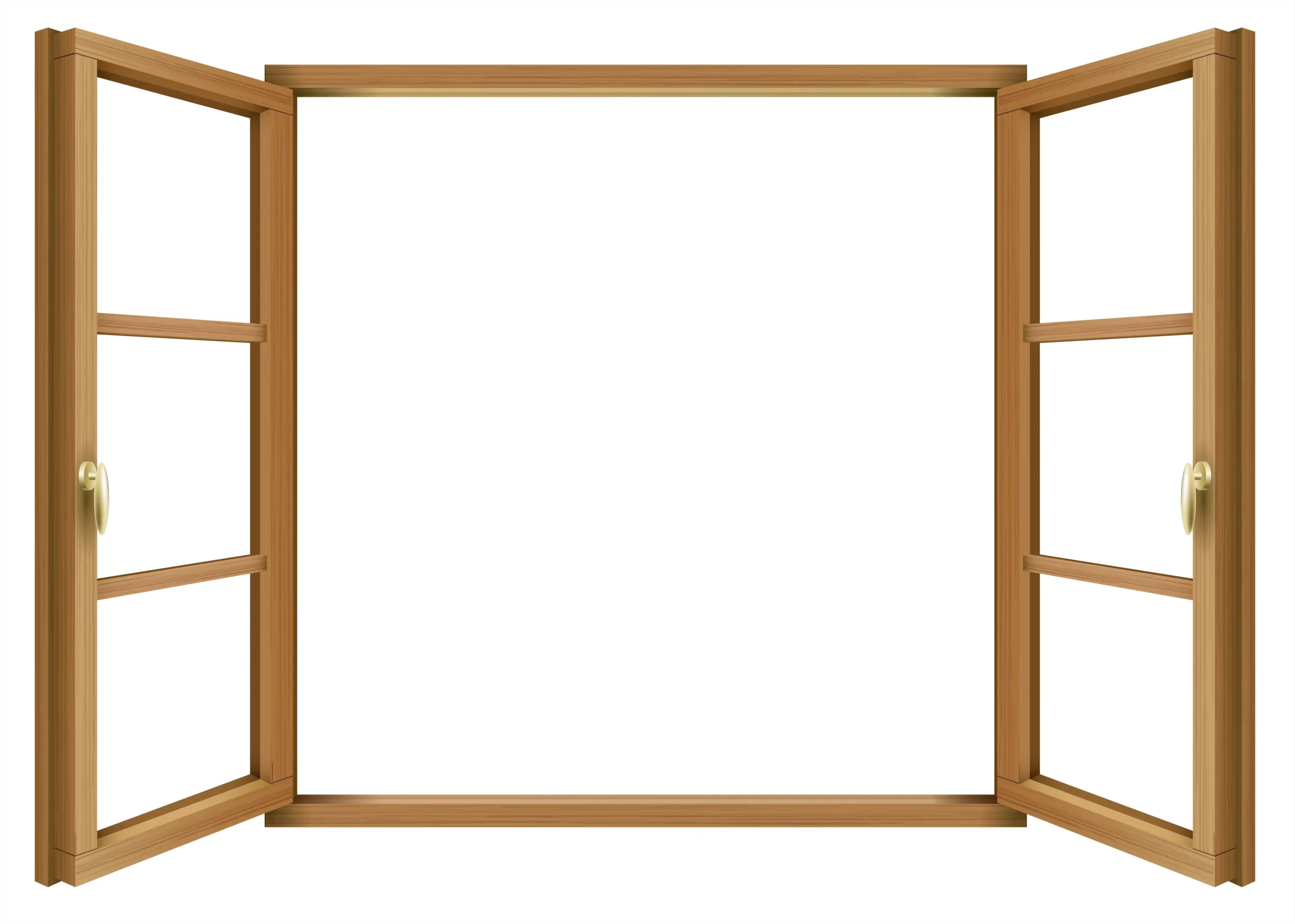 Open wooden casement window frame with glass panels