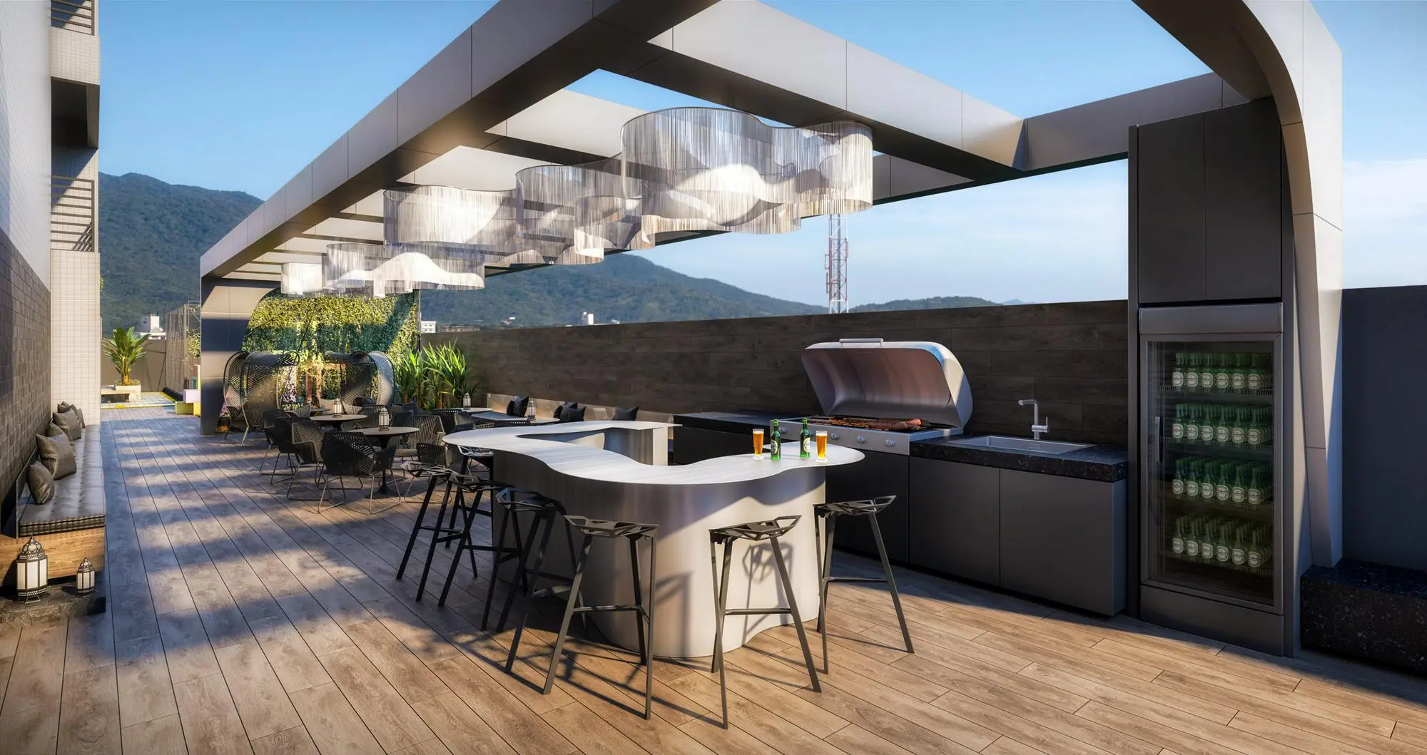 Rooftop bar and grill area with mountain views, Covered Outdoor Kitchen Design