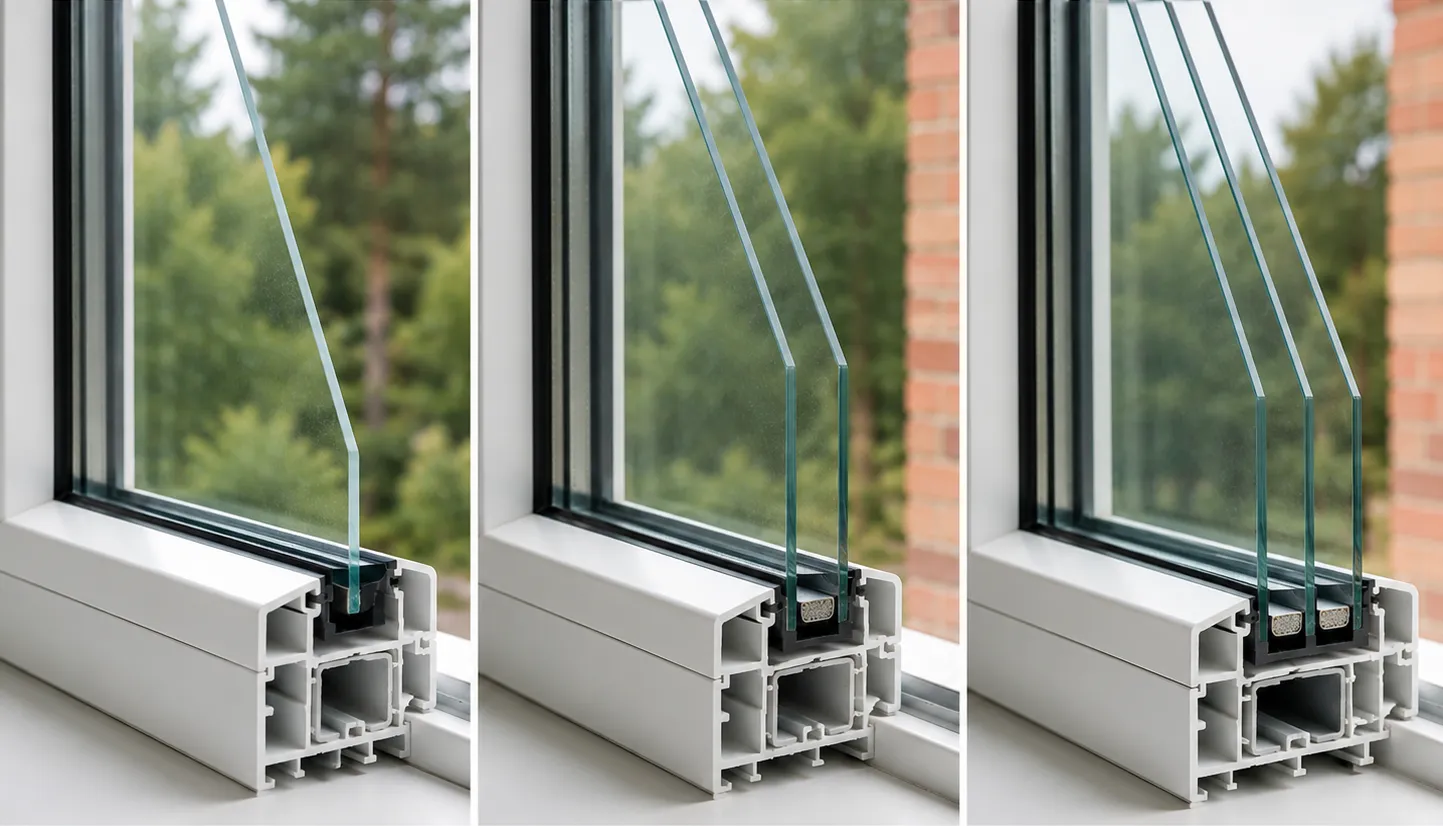 Photo comparative de vitrages simples, doubles et triples