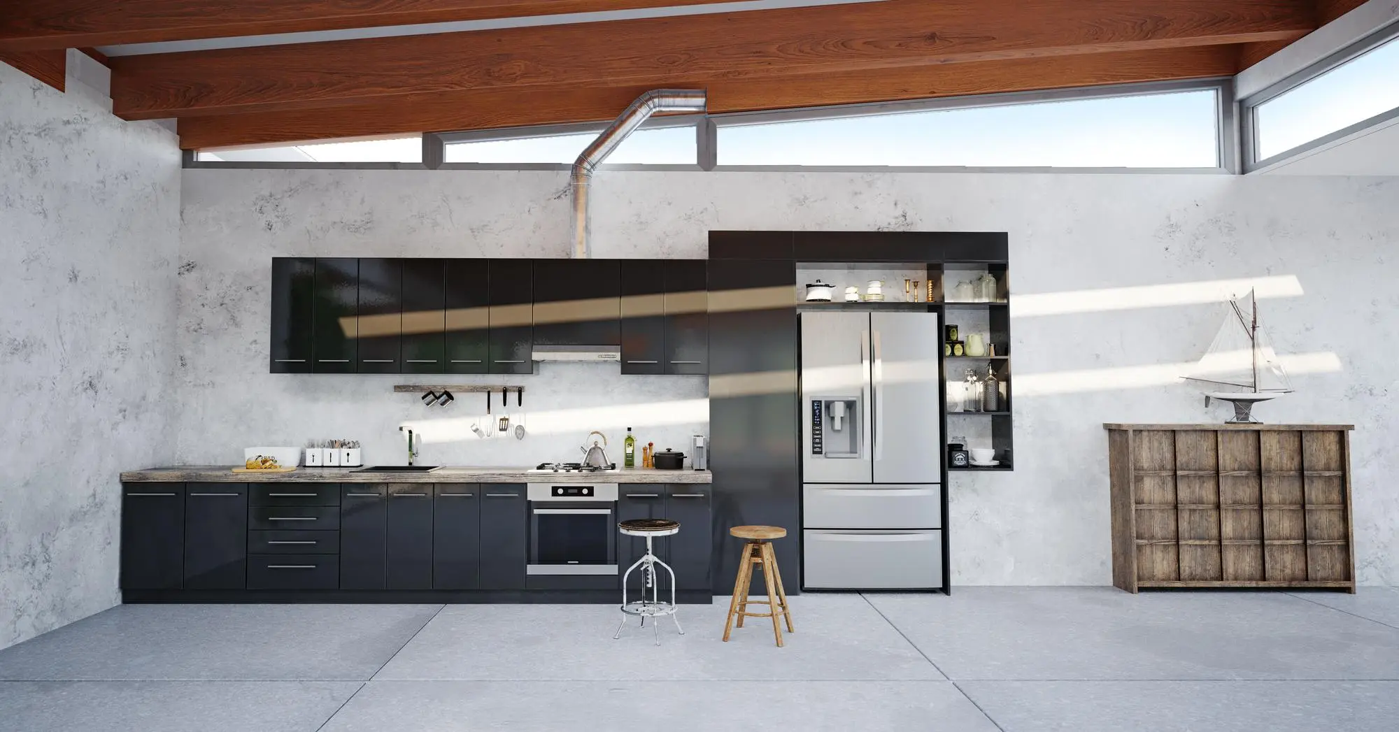 Sleek black indoor kitchen with large stainless fridge, Straight Line Outdoor Kitchen