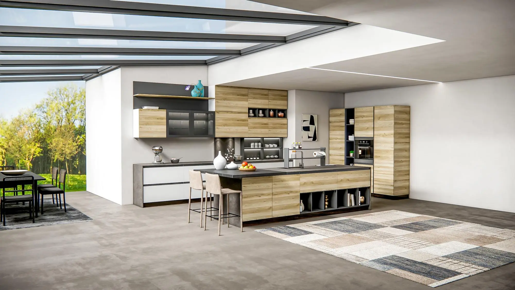 Spacious modern kitchen with skylights and wood accents, U Shaped Outdoor Kitchen
