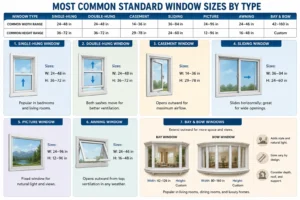 Standard window size chart for single hung, sliding, casement, and picture windows