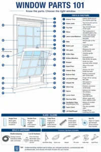 Window parts diagram with labeled frame components