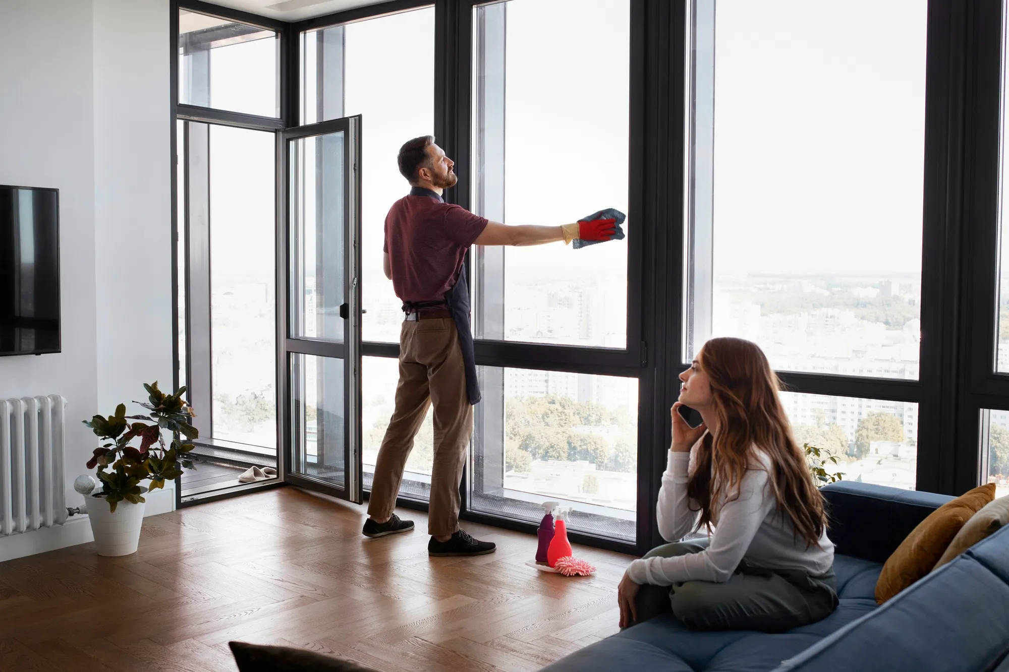 Cleaning large black framed windows in living room