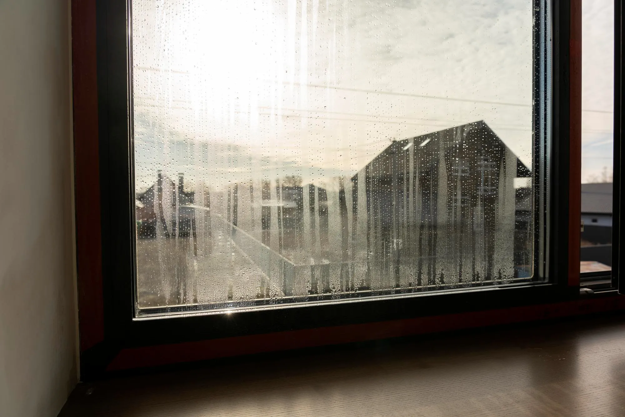 Condensation on window glass blurring the outside view Condensation on window glass blurring the outside view