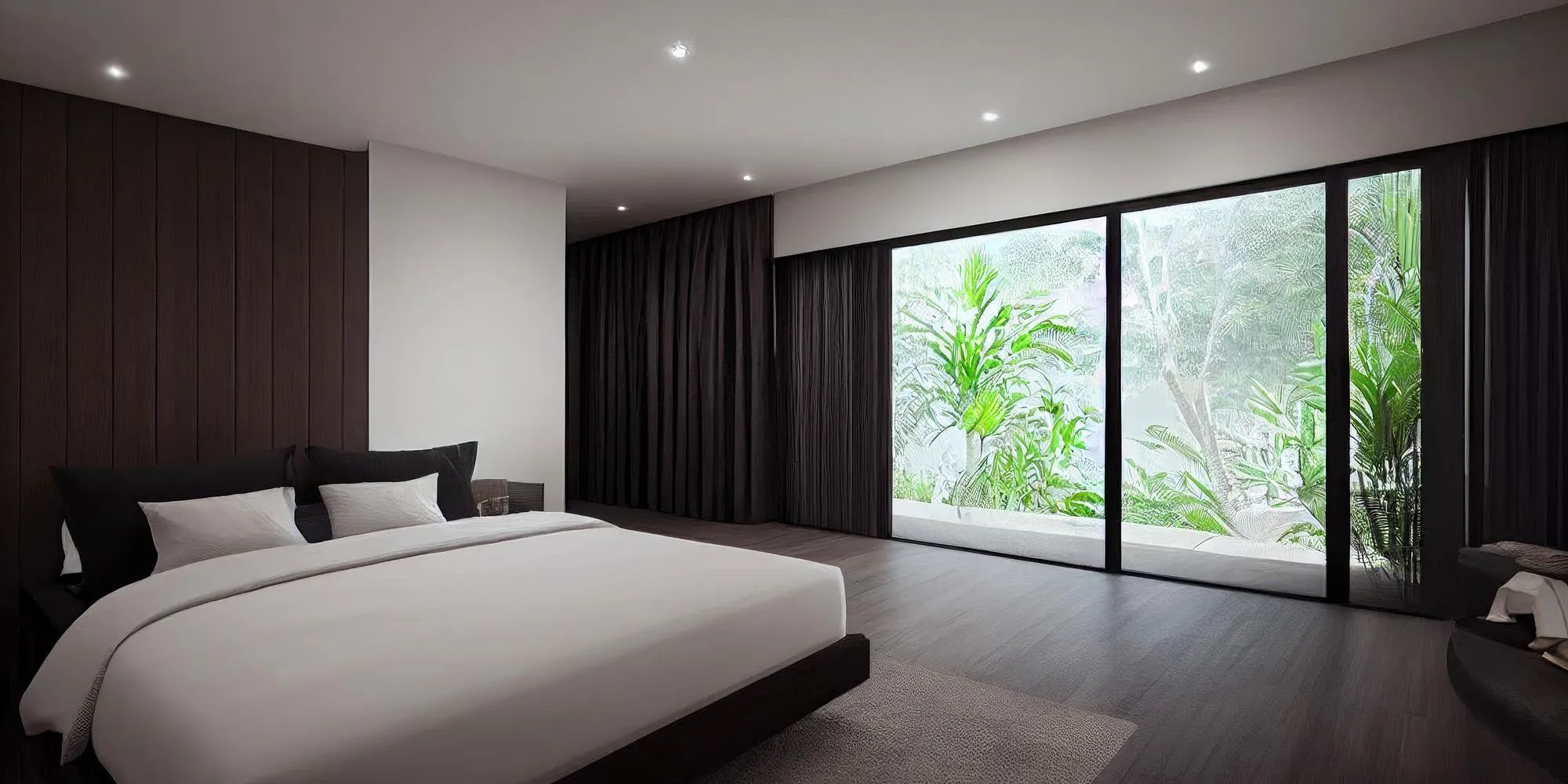 Modern bedroom featuring large floor to ceiling sliding windows Modern bedroom featuring large floor to ceiling sliding windows